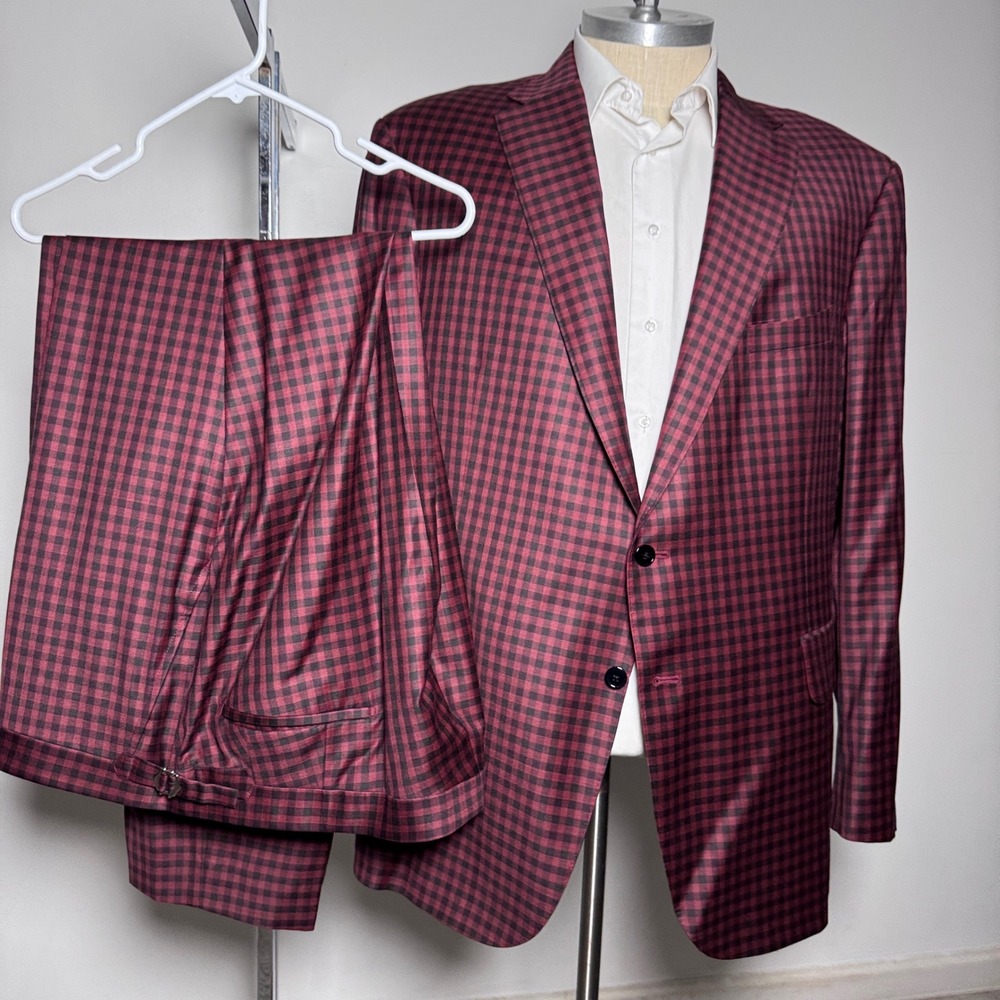Elevée Custom Suit Mens 52L 52XL 46x34 Burgundy Gingham Plaid Cordy Glenn NFL